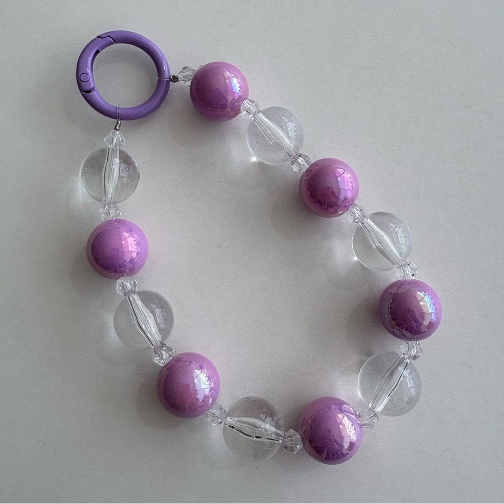 Purple and Clear Beaded Bag Charm Phone Strap